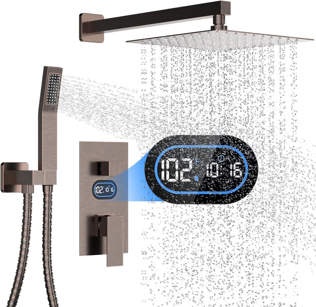 Longriver Shower Faucet Set with Hydro Power Temperature Display, Shower System 10 Inch Shower Head with Handheld Spray, Wall Mounted Shower Fixtures with Shower Valve and Trim Kit, Oil Rubbed Bronze