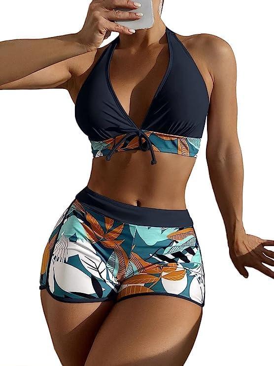 Women 2-Piece Swimsuit Chic Halter Top W/Shorts Bikini Set Swimwear  Floral Tropical Botanical Design (X-Large, Black)
