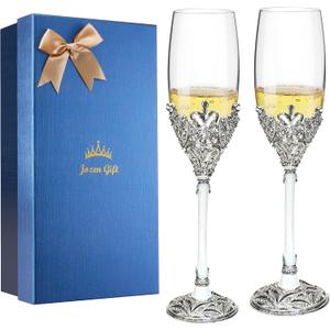 Champagne Flutes -His and Hers,Wedding Toasting Glasses for Engagement Celebrations, Bridal Shower and Registry Idea, Tall Wine Glasses for Bride and Groom Gifts,7oz (Silver&white)