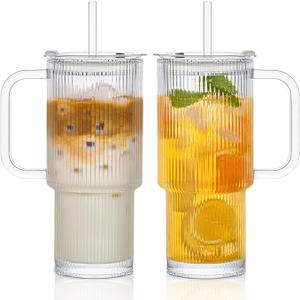 INSETLAN 24oz Ribbed Glass Tumbler with Handle & Lid – 1-Pack Large Iced Coffee Cups with Straws, Modern Glass Mug for Cold & Hot Beverages, Aesthetic Travel Cup for Smoothies, Tea, and Juice