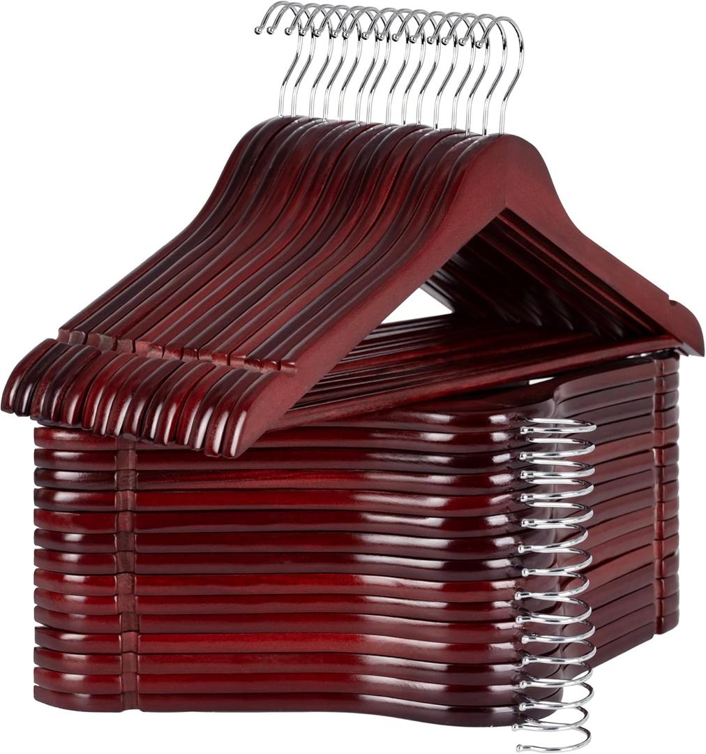 StorageWorks Wooden Hangers 30 Pack, Wood Coat Hangers for Closet, Heavy Duty Clothes Hangers for Suits, Shirts, Pants, Jackets, Dark Cherry Color