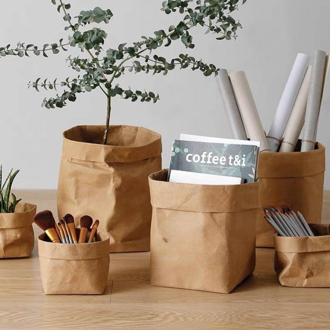 5PCS Kraft Paper Storage Bags Thickened Reusable Foldable Organizer Bags for Home Office Storage and Plant Pots, L