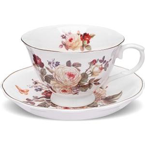 fanquare White Rose Tea Cup and Saucer with Gold Trim, Vintage Bone China Teacup Set with Spoon, 8 oz Coffee Cup for Home Party Gifting
