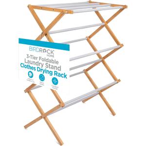 BIRDROCK HOME Wooden Clothes Drying Rack | 3-Tier Foldable Bamboo Laundry Stand | Water-Resistant, Fully Assembled, Collapsible Indoor/Outdoor Dryer for Hanging Clothes | Grey