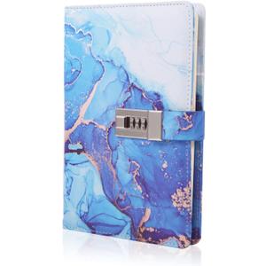 Marble Diary with Lock for Girls and Women, A5 Leather Locked Journal for Teen Girls, Secret Cute Password Lock Notebooks with Pen Holder for Travel Diary Office Notepad (Dark Blue)