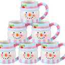 6 Pcs Pink Christmas Snowman Coffee Mug 11oz Snowman Christmas Ceramic Mug Set of 6 Pink Xmas Themed Design Cup Set for Coffee Tea Hot Chocolate Presents
