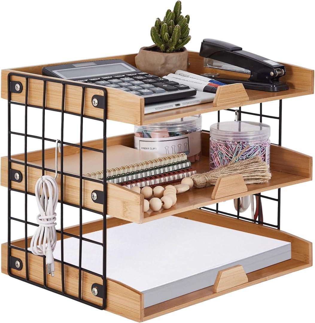 3-Tier Wood Paper Tray, Inbox Tray for Desk, Letter File Trays Desk Organize Office Supplies Accessories, Workspace Desktop Storage for Home, Office, School