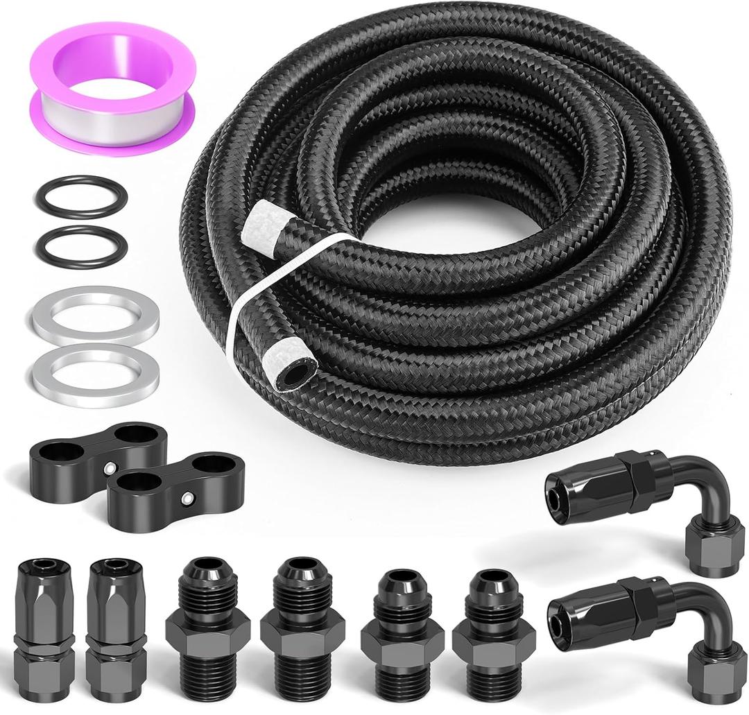GASHER 15FT 6AN Automatic Transmission Cooler Lines Kit For 4L60E 4L65E, Black Nylon Braided Fuel Hose Kit for Oil, Gas, and Fuel