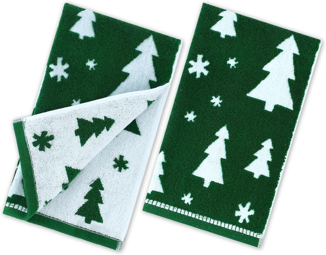 Tudomro 2 Pcs Christmas Hand Towels Christmas Green Tree Bathroom Winter Decorative Towels 100% Cotton Thick Jacquard Weave Bath Decor Holiday Bathroom Decor for Kitchen Xmas Gifts