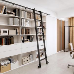 96" Black Sliding Library Ladder with 4FT Telescopic Hook Track  Lightweight Aluminum Rolling Ladder with Braking Wheels, Kit for Home, Loft, and Bookshelves
