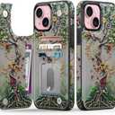 FUNMIKO for iPhone 15 Plus Wallet Case with Card Holder + Cash Clip, RFID-Blocking, Military-Grade Drop Protection & UV-Printed Artwork, Magnetic Closure with Kickstand - Blooming Tree of Life