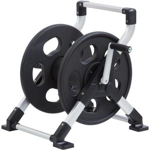 Liberty Garden 306 Explorer - Carrete de manguera para montaje en suelo o pared, aluminio, con capacidad para 150 pies de manguera de 5/8 pulgadas, plata/negro