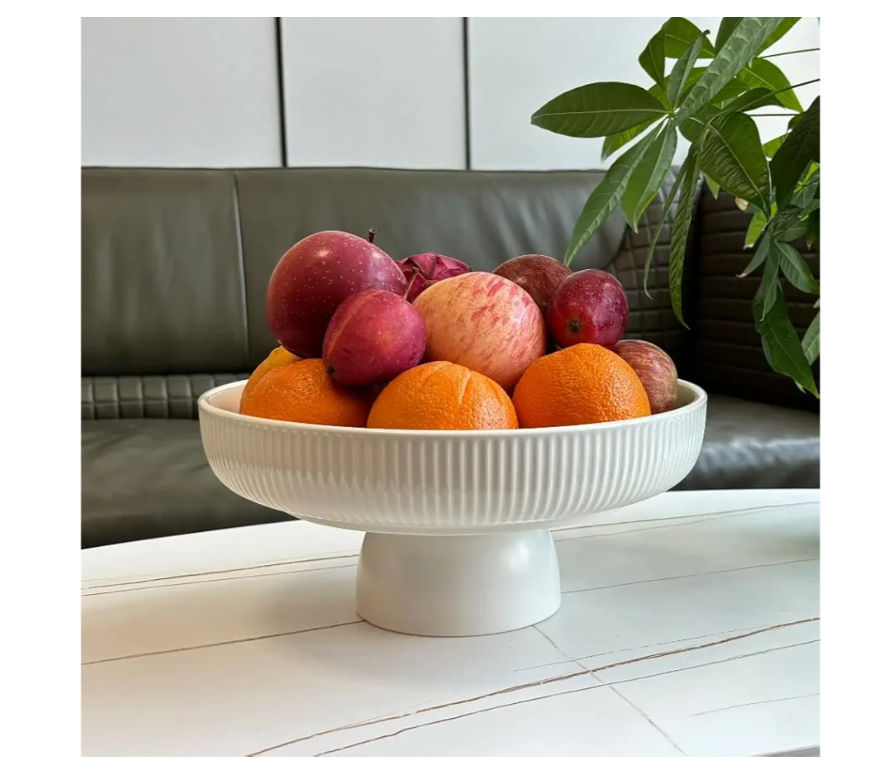 Ceramic Fruit Bowl,11" Decorative Bowl, Large Fruit Bowl for Kitchen Counter, Pedestal Bowl, Kitchen Counter Décor, Bread Candy Snacks Organizer, White (5.3 lbs, 68oz)