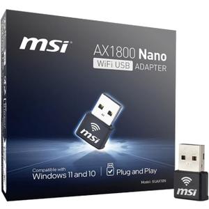 MSI AX1800 Nano WiFi USB Adapter - WiFi 6, up to 1800 Mbps, 2.4G/5G Dual-Band Wireless Network, WPA3 encryption, MU-MIMO, OFDMA, 2X Dual Antennas, Windows 11/10