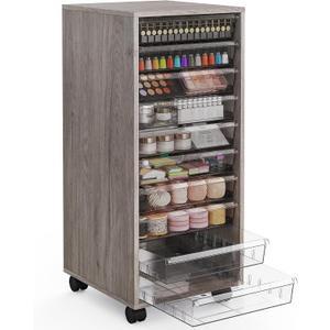 WOPITUES Storage Drawer Cart, Mobile Storage Cabinet, Makeup Storage with 10 Large Clear Drawers, Utility Wooden Rolling Cart on Wheels, for Cosmetic, Art Craft, Office Supplies, Toy, Grey