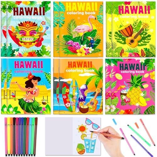 HOWAF 24 Pcs Summer Coloring Book, Hawaiian Luau Mini Coloring Books with Paint Pens for Summer Birthday Goodie Bags Stuffers Hawaii Ocean Hula Party DIY Art Drawing Supplies, Set Of 2