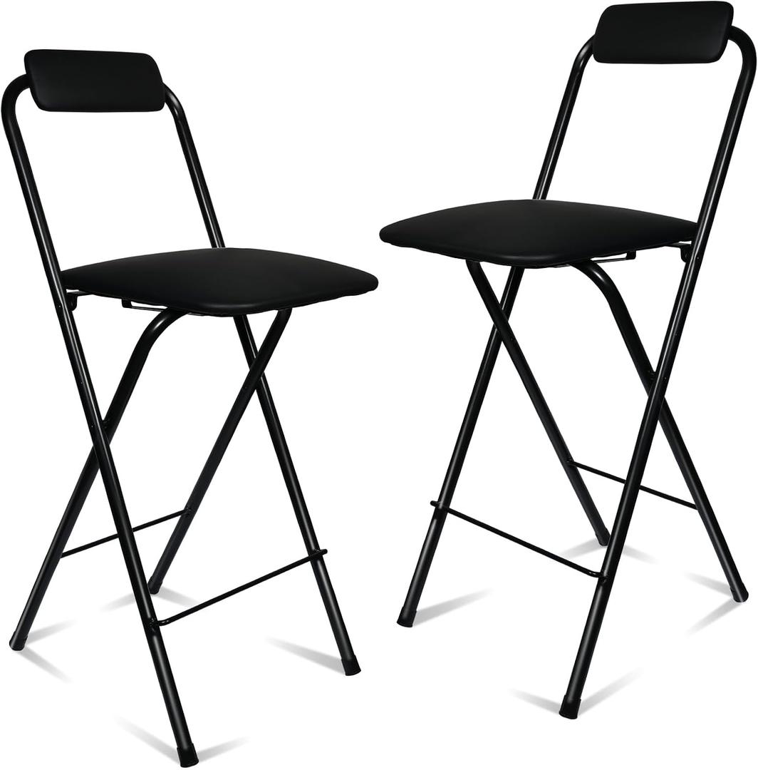 Folding Bar Stool with Back, 2PCS Tall Foldable Stool Chair Portable Adult Collapsible Counter Height Seat Leather Padded Kitchen Shop Comfortable and Sturdy 29.5 Inch