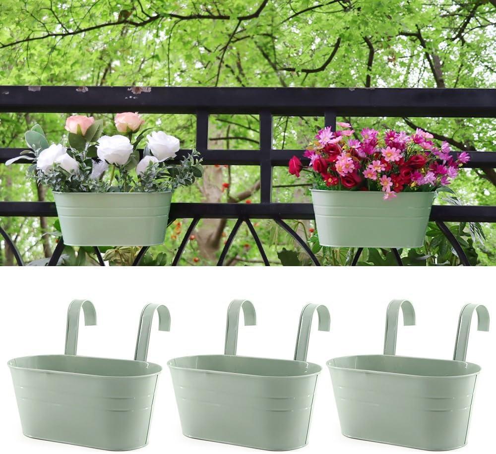 Meltset 3 Pack Metal Iron Hanging Flower Pot, Oval Railing Fence Garden Balcony Planter Pots, Metal Bucket Flower Holders for Wall Indoor Outdoor Home Dcor, Green