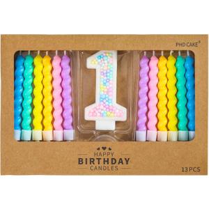 PHD CAKE Number 1 Birthday Candle Macaron Glitter Number Candle with Rainbow Spiral Candles in Holders for Cake Topper, Pastel Sweet Theme Party Decoration