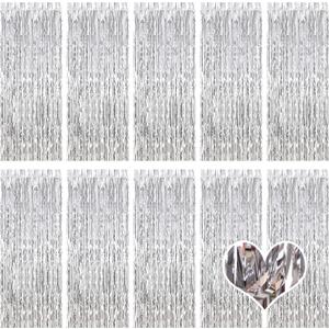 10 Pack Silver Backdrop Curtain 3.2ft x 8.2ft Metallic Tinsel Foil Fringe Curtains Photo Booth Background for Birthday Party Decoration Baby Shower Engagement Wedding Christmas Decoration (Silver)