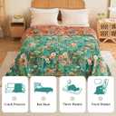 Boho Throw Blanket - 90"x90" 100% Cotton Ultra Soft Lightweight Spring Blanket, 4-Layer Breathable Muslin Blankets for Bed Couch, Reversible Green Floral Printed Bohemian Cotton Quilt