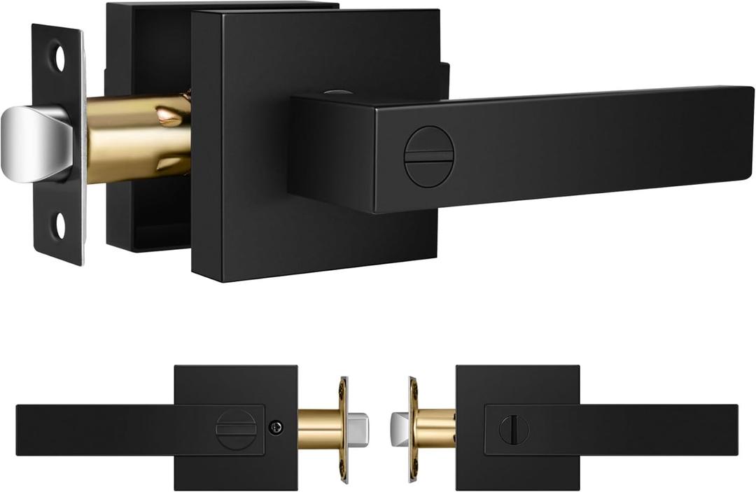 Matte Black Door Handles, Keyless Interior Door Knobs, Reversible for Right & Left Sided Doors, Privacy Square Door Lever for Bathroom, Bedroom or Offices (1 Pack)