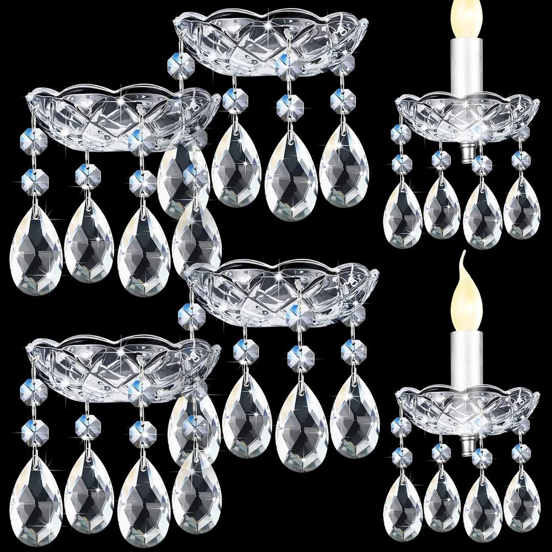 Bonuci 6 Pcs Bobeches for Chandelier 4 Inch Crystal Chandeliers Teardrops Pendant Bobeche Replacement Parts with 4 Side Holes for Candle Home Wedding Birthday Party Decor(Crystal, Stylish Style)