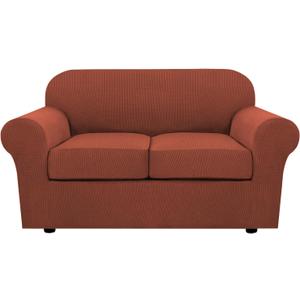 H.VERSAILTEX 3 Piece Stretch Sofa Covers for 2 Cushion Loveseat Couch Covers for Living Room Sofa Slipcovers (Base Cover Plus 2 Seat Cushion Covers) Thicker Jacquard Fabric(Medium Sofa, Rust)