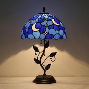 Tiffany Style Table Lamp,Stained Glass Moon Table Lamp,12X12X19 Inch Reading Light, Metal Leaf Base Antique Glass Desk Decor Lamp.