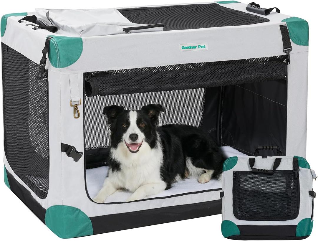 Gardner Pet Soft Collapsible Dog Crate - 36 Inch Portable Travel Dog Crate for Medium/Large Dogs Indoor & Outdoor, 3-Door Pet Crate with Durable Mesh Windows & Storage Bag, Grey