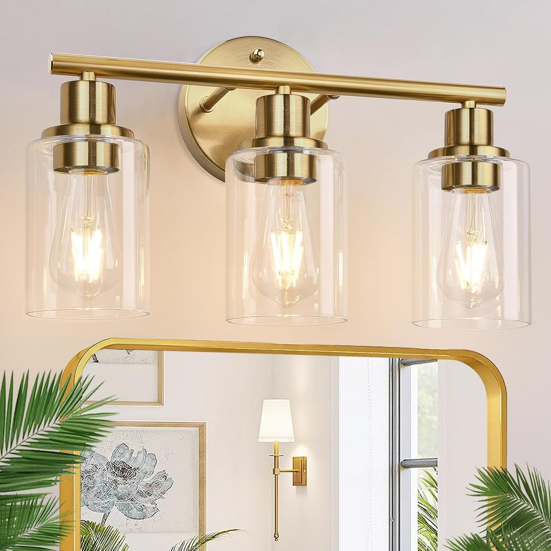 3-Light Gold Bathroom Light Fixtures, Modern Bathroom Vanity Light with Clear Glass Shade, Brushed Gold Bath Wall Mount Lights, Wall Lamp for Mirror Kitchen Bedroom Hallway Living Room Hallway