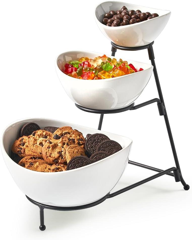 LYEOBOH 3 Tier Serving Bowls Set with Collapsible Thicker Metal Stand, Oval Serving Dishes for Entertaining Tiered Serving Stand for Fruit, Dessert, Candy, Chip and Dip (Black)