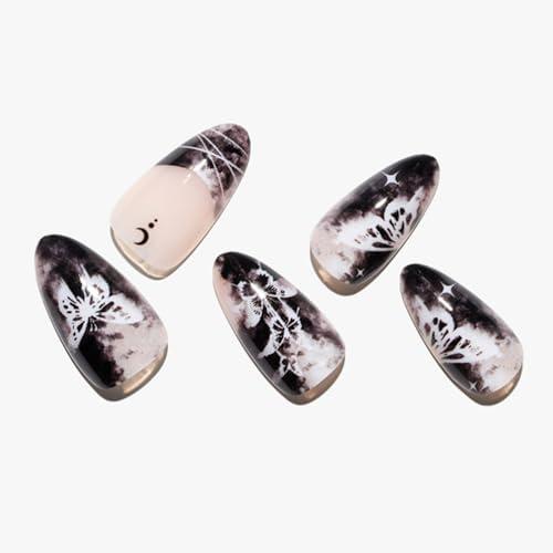 GLAMERMAID Press on Nails Medium Almond,Halloween UV Ombre False Nails with French Tips Design,Gel Butterfly Glue on Nails Reusable Full Cover Manicure Set for Women Pack of 3