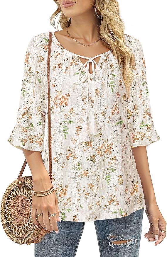 Furnex Women's Casual Ruffle Sleeve Tops V Neck Knit Shirts 2025 Spring Trendy Blouse L