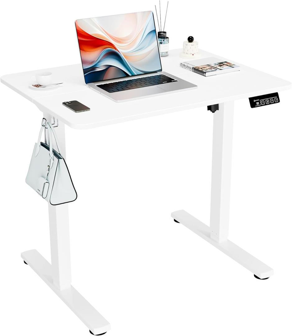 Electric Standing Desk, 31.5" x 23.6" Height Adjustable Sit Stand Desk with Splice Board for Home Office, Computer Desk Memory Preset (White Frame, White Desktop) (32-inch)