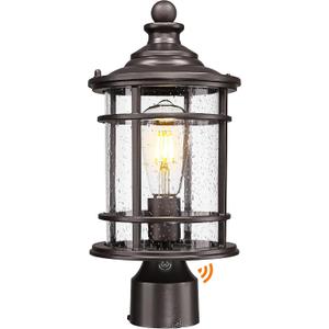 Emliviar Dusk to Dawn Outdoor Post Light, 14.9" Exterior Pillar Lantern with Seeded Glass, Outside Pole Light Fixture for Pathway, Patio, Garden, Oil Rubbed Finish, XE229P PC ORB