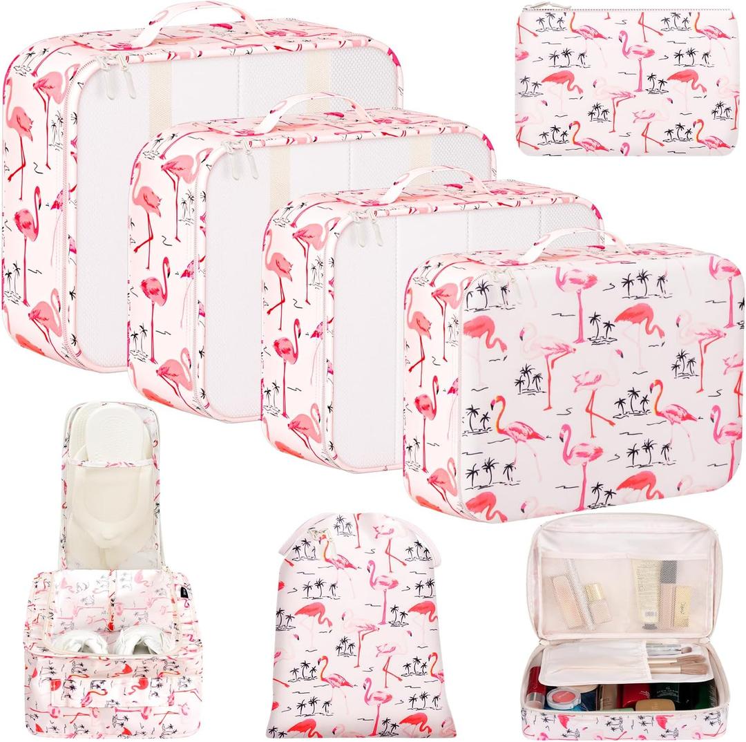BAGAIL 8 Set Packing Cubes Luggage Packing Organizers for Travel Accessories-Pink Flamingo