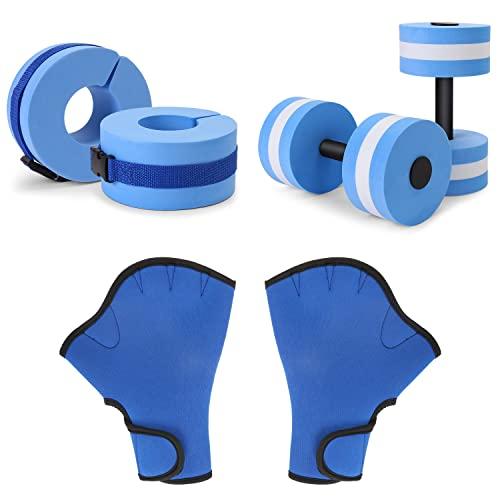 Water Dumbbells Set, 6 Pieces Water Aerobic Exercise Foam Dumbbell Set Pool Resistance, Detachable Aquatic Dumbells, Resistance Gloves, Aquatic Cuffs, Water Workout Fitness Tools for Weight Loss, Blue