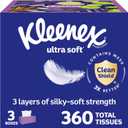 Kleenex Ultra Soft Facial Tissues, 3 Flat Boxes, 120 Tissues per Box, 3-Ply (360 Total), Packaging May Vary (White)
