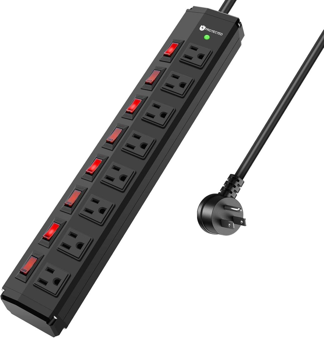 8 Outlet Heavy Duty Power Strip with 8 Individual Switches,Moutable Metal Power Strip Surge Protector 1200 Joules,6FT 14AWG Extension Cord,15A 1800W 125V 60Hz (Black)