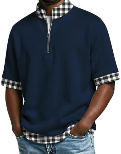 Men's Polo Shirts Casual Holiday Standing Collar Short Sleeve Basic Modern Plaid Color Block Buttons Summer Spring (Navy, Large) 