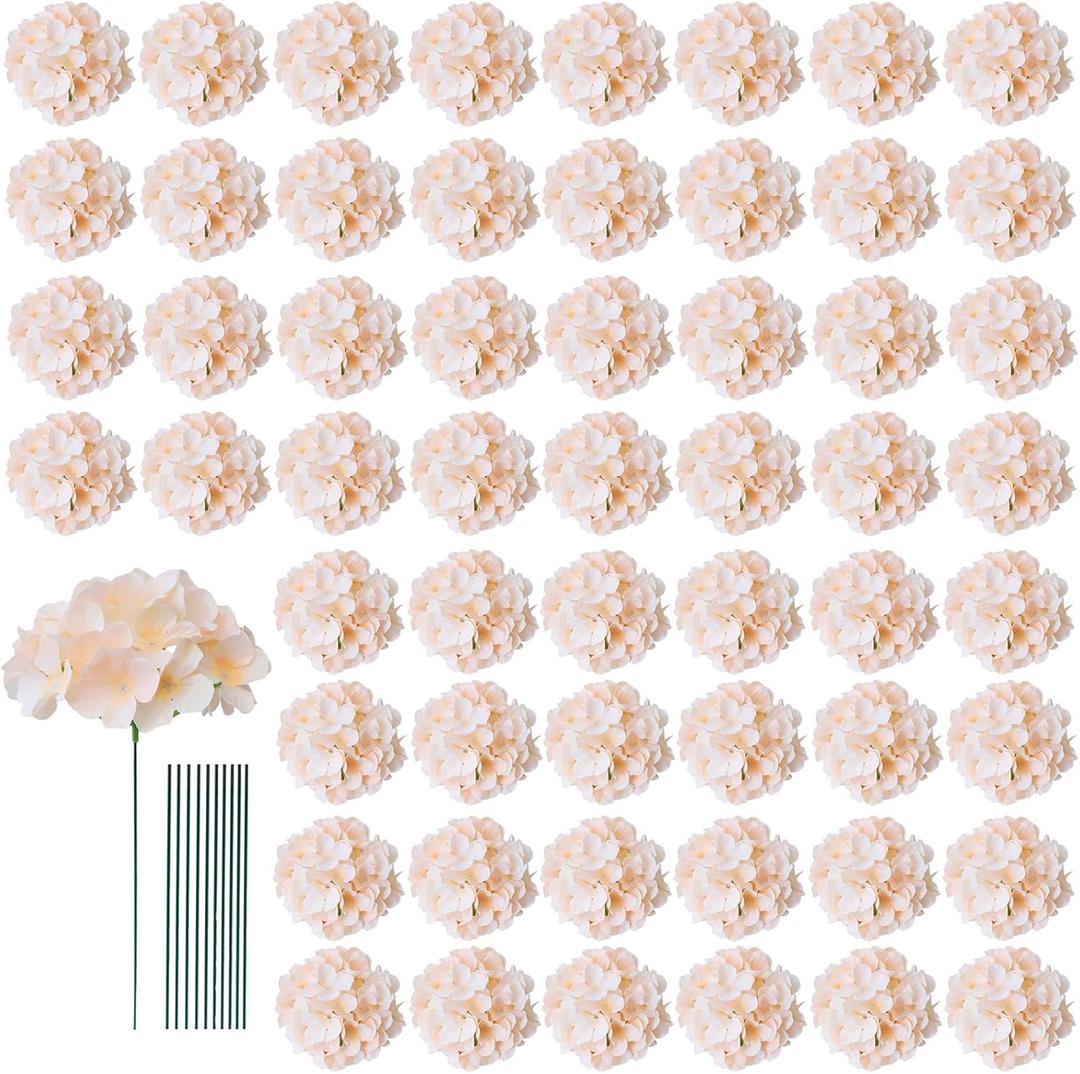 AVIVIHO 65pcs Fake Flowers Champagne Hydrangea Artificial Flowers Bulk (Not Squished, No Steaming Need) Silk Flowers with Stems for Wedding Decor,Home,Baby Shower,Table Centerpieces Decoration (Medium)