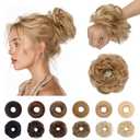 S-noilite Human Hair Messy Bun Hair Piece, Hair Buns for Women,100% Real Hair Bun Wig,Invisible hair buns hair piece Wavy-6RP613R Sunlit Toffee Swirl Blonde