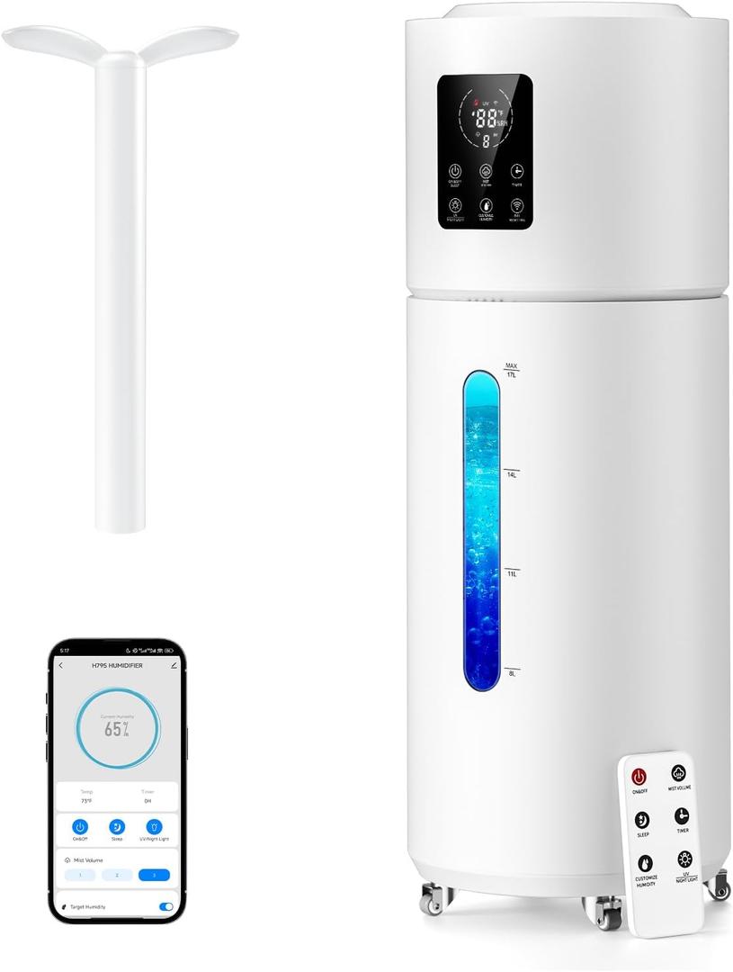 Smart Humidifiers for Large Room Bedroom Home 1800 sq.ft, 17L/4.5Gal Large Humidifier with Extension Tube & 3 Mist Modes, Top Fill Whole House Cool Mist Humidifiers for Plant Commercial Office