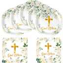 HJFZLY God Bless Tableware Set, First Communion 20 Plates and 20 Napkins, for Newborn Baptism Church Cross White Floral Party Decoration (7in)
