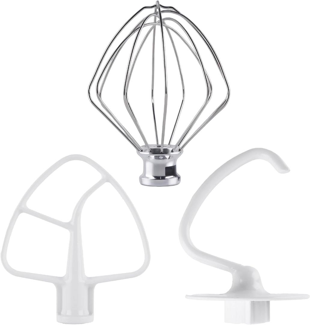 3-Piece Kit Attachments for KitchenAid Tilt-Head Stand Mixer, Accessories Stainless Steel K45WW Wire Whip, K45DH Dough Hook and K45B Coated Flat Blade Paddle with Scraper