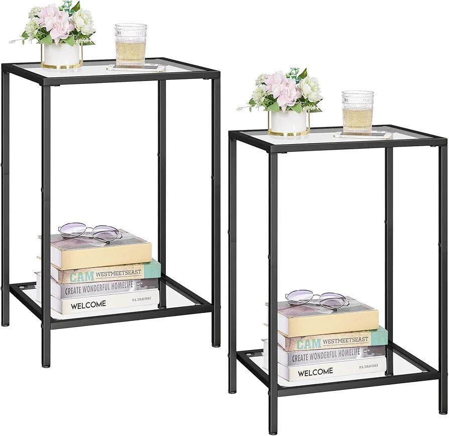Side Tables Set of 2, End Tables with Tempered Glass, 2-Tier Nightstands with Storage Shelves, Slim Sofa Tables for Living Room, Bedroom, Modern Style, 11.8" D x 15" W, Black