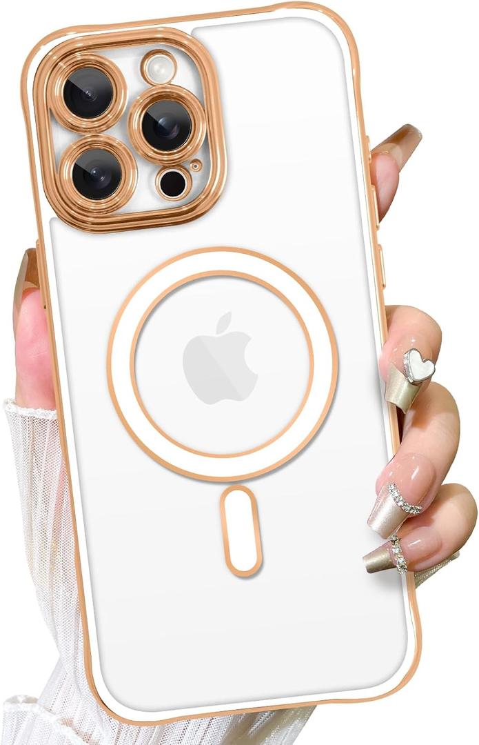 Fiyart Designed for iPhone 16 Pro Max Case,Compatible with MagSafe Plating Removable Lens Cover Clear Magnetic Shockproof Phone Bumper for Women Girls 6.9"-White