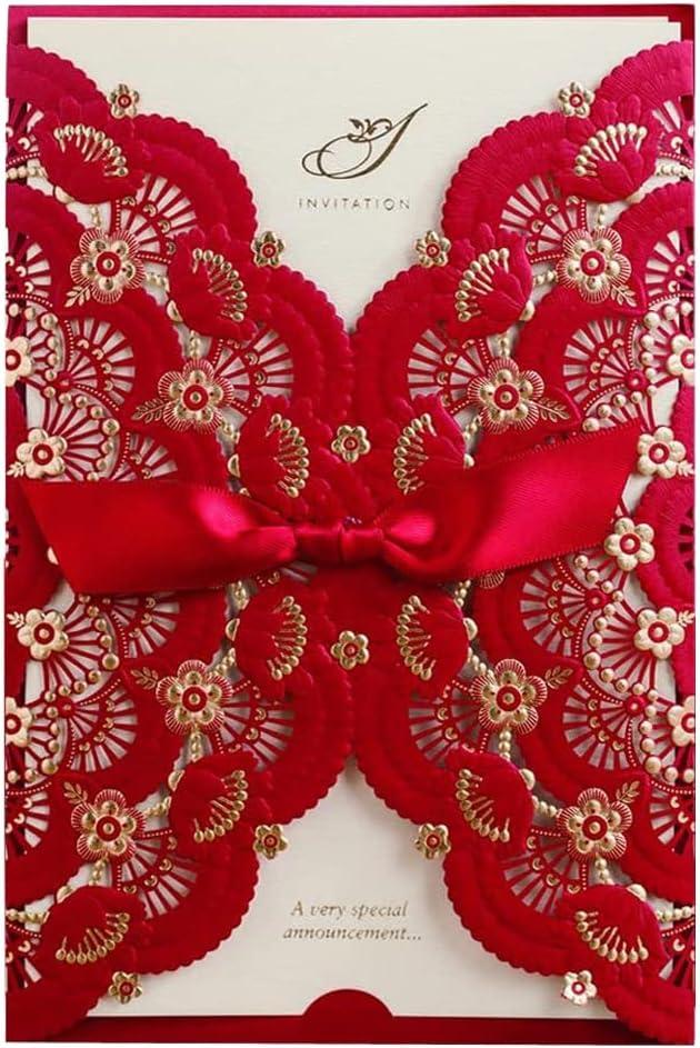20x Red Laser Cut Wedding Invitations Cards with Foil Gold Floral & Bowknot Cardstock for Engagement Wedding Birthday Fancy Party Invites Favors (20PCS Blank)