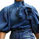 Tbahhir Women's Denim Blouse Blue Bow Tie Jean Shirt Puff Sleeves Mock Neck Cropped Top Casual XL